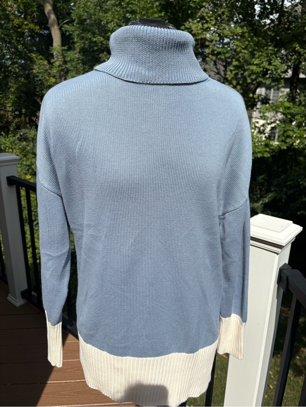 Women's Light Blue and Cream Turtleneck Sweater Top